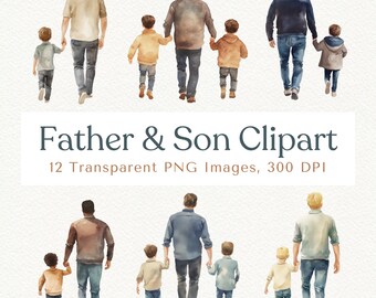 Father and Son Watercolor Clipart: Family PNG Images (Digital Download)