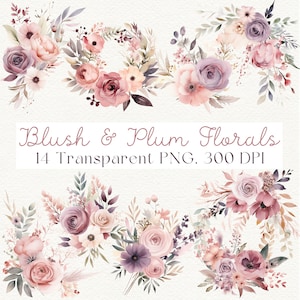 Blozen bloemen clipart, paarse bloemen clipart, botanische clipart, Boho clipart, bloemenkrans PNG, bruiloft clipart, aquarel clipart