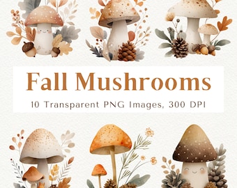 Watercolor Fall Mushrooms Clipart: Autumn Forest Designs (Digital Download, 300 DPI PNGs)