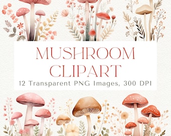 Watercolor Mushroom Clipart, Wild Mushroom Clipart, Floral Mushroom PNG, Pink Mushroom Clipart, Magic Mushroom PNG, Woodland Mushroom PNG