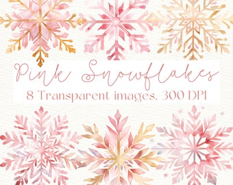Watercolor Pink and Gold Snowflake Clipart (PNG Digital Download)