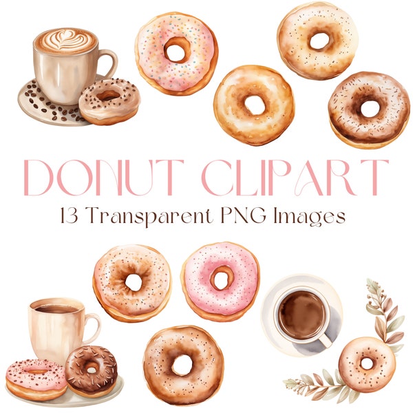 Watercolor Donut Clipart, Pastry Clipart, Dessert Clipart, Donut PNG, Donuts Clipart, Bakery Clipart, Pink Sprinkles Chocolate Glazed Donut