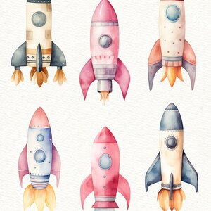 May include: Six watercolor illustrations of cartoon rockets in various colors, including pink, blue, and white. The rockets have different designs and are all facing forward with flames coming out of the back.