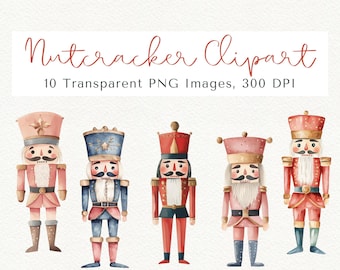 May include: Set of five watercolor nutcracker illustrations. The nutcrackers are wearing red, blue, and pink uniforms with gold accents. They have white beards and black mustaches. The background is white.