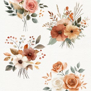 May include: Four watercolor floral bouquets with a rustic autumnal theme. The bouquets feature various flowers in shades of peach, orange, and brown, including roses, anemones, and other wildflowers. The bouquets are arranged on a white background.