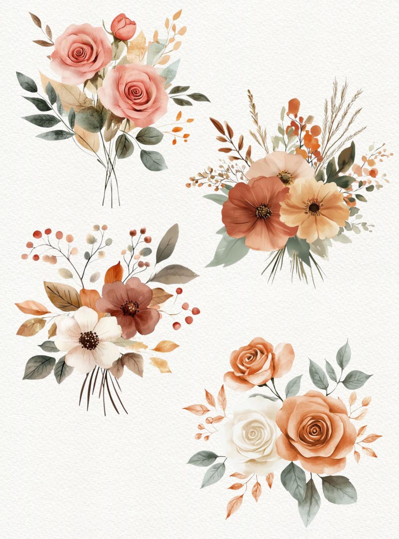 May include: Four watercolor floral bouquets with a rustic autumnal theme. The bouquets feature various flowers in shades of peach, orange, and brown, including roses, anemones, and other wildflowers. The bouquets are arranged on a white background.
