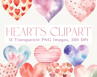 Watercolor Heart Clipart: 15 PNG Valentine Graphics (Digital Download)