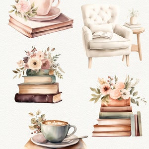 May include: A watercolor illustration of a cozy reading nook with a stack of books, a cup of coffee, and a comfortable armchair. The books are decorated with floral arrangements and the coffee cup is sitting on top of an open book.