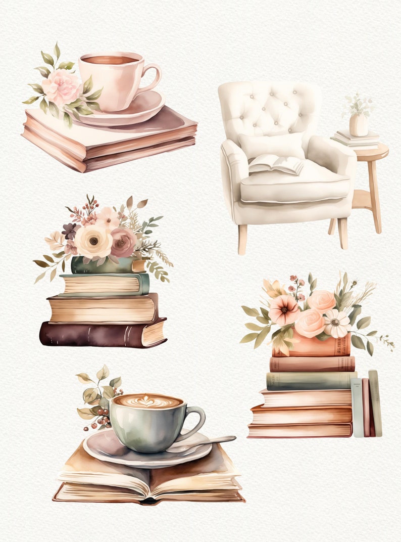 May include: A watercolor illustration of a cozy reading nook with a stack of books, a cup of coffee, and a comfortable armchair. The books are decorated with floral arrangements and the coffee cup is sitting on top of an open book.
