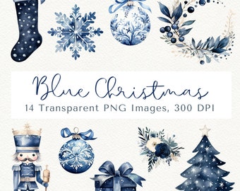 Blue Christmas Clipart: Watercolor Winter PNG Images (Digital Download)