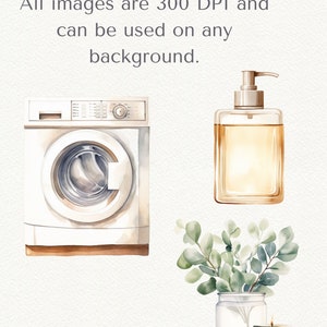 May include: A watercolor illustration of a white washing machine, a clear glass bottle with a gold pump dispenser filled with a yellow liquid, and a glass vase with green eucalyptus leaves and a gray candle.