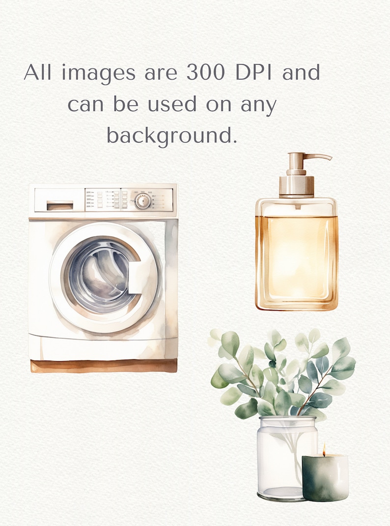 May include: A watercolor illustration of a white washing machine, a clear glass bottle with a gold pump dispenser filled with a yellow liquid, and a glass vase with green eucalyptus leaves and a gray candle.