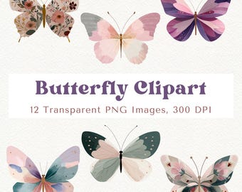 Whimsical Butterfly Clipart, Floral Graphics, Watercolor PNG (Digital Download)