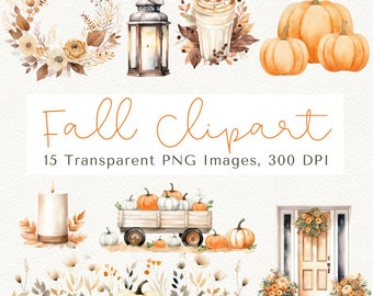 Fall Watercolor Clipart: Pumpkin Truck, Leaves, Lanterns (PNG)