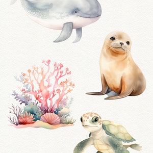 May include: Watercolor illustration of a whale, a seal, a sea turtle, and coral. The whale is gray with a pink belly, the seal is brown, the turtle is green and yellow, and the coral is pink and red.