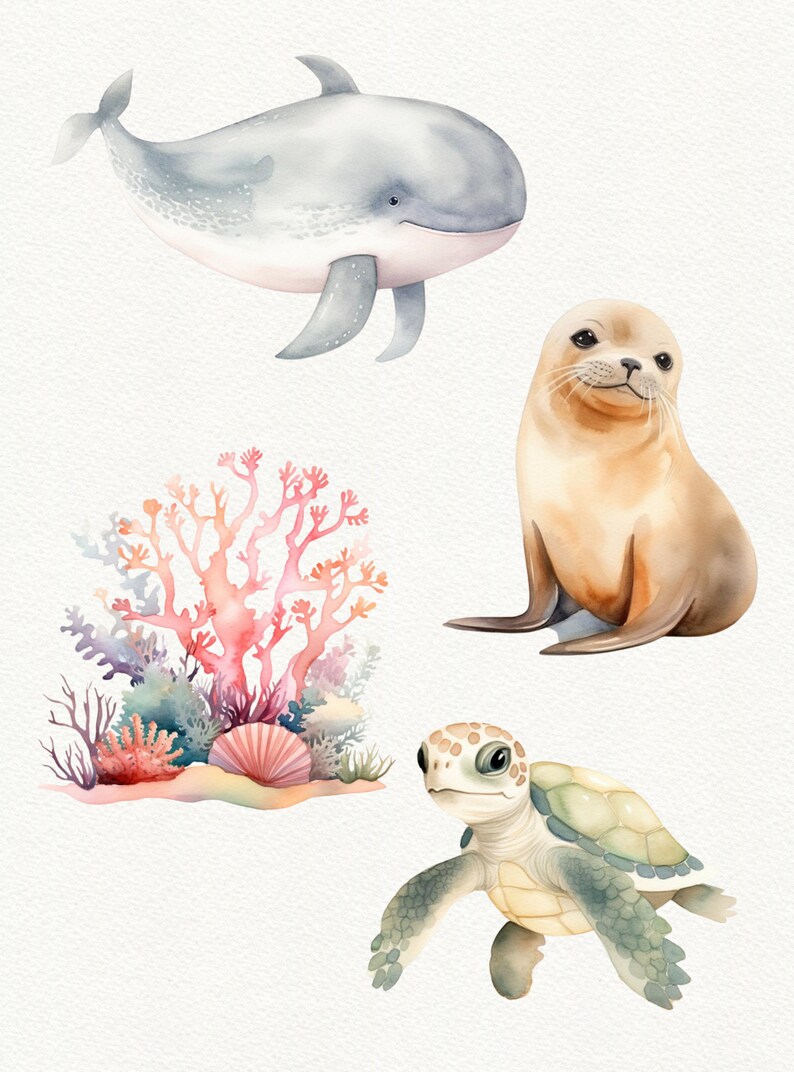 May include: Watercolor illustration of a whale, a seal, a sea turtle, and coral. The whale is gray with a pink belly, the seal is brown, the turtle is green and yellow, and the coral is pink and red.