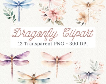 Dragonflies Clipart, Watercolor Dragonfly, Insect Clipart, Dragonfly Flowers, Floral Clipart, Watercolor Clipart, Dragonfly PNG