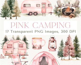Watercolor Pink Camping Clipart: Girly Campfire PNG Images (Digital Download)