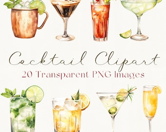 Watercolor Cocktail Clipart PNG, Wedding Drink Bar Graphics (Digital Download)