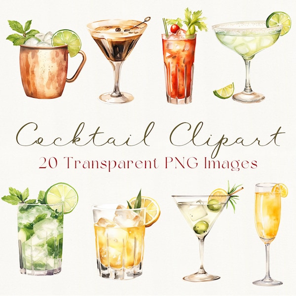 Aquarel Cocktail Clipart, Bar Cart Clipart, Handtekening Cocktail Clipart, Bruiloftscocktails, Dranken Clipart, Alcohol Drinks Clipart