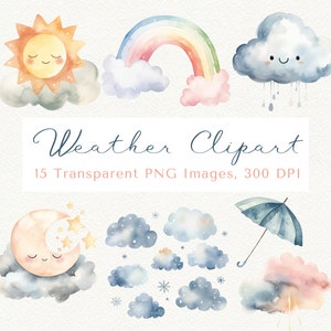Aquarell Wetter Clipart, Kawaii Wetter Clipart, Regenbogen Clipart, Wetter ClipArt, Wolken PNG, Süßes Wetter, Aquarell Wolken Download