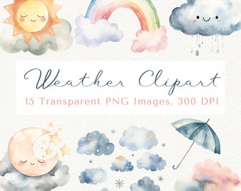 Watercolor Weather Clipart: Kawaii Clouds, Rainbow, Sun (PNG Digital Download)