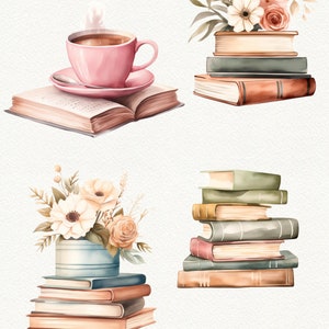 May include: A watercolor illustration of a stack of books with a pink teacup and a bouquet of flowers. The books are stacked on top of each other and have different colors and patterns. The teacup is filled with tea and has steam coming from it. The flowers are a mix of white, pink, and yellow.