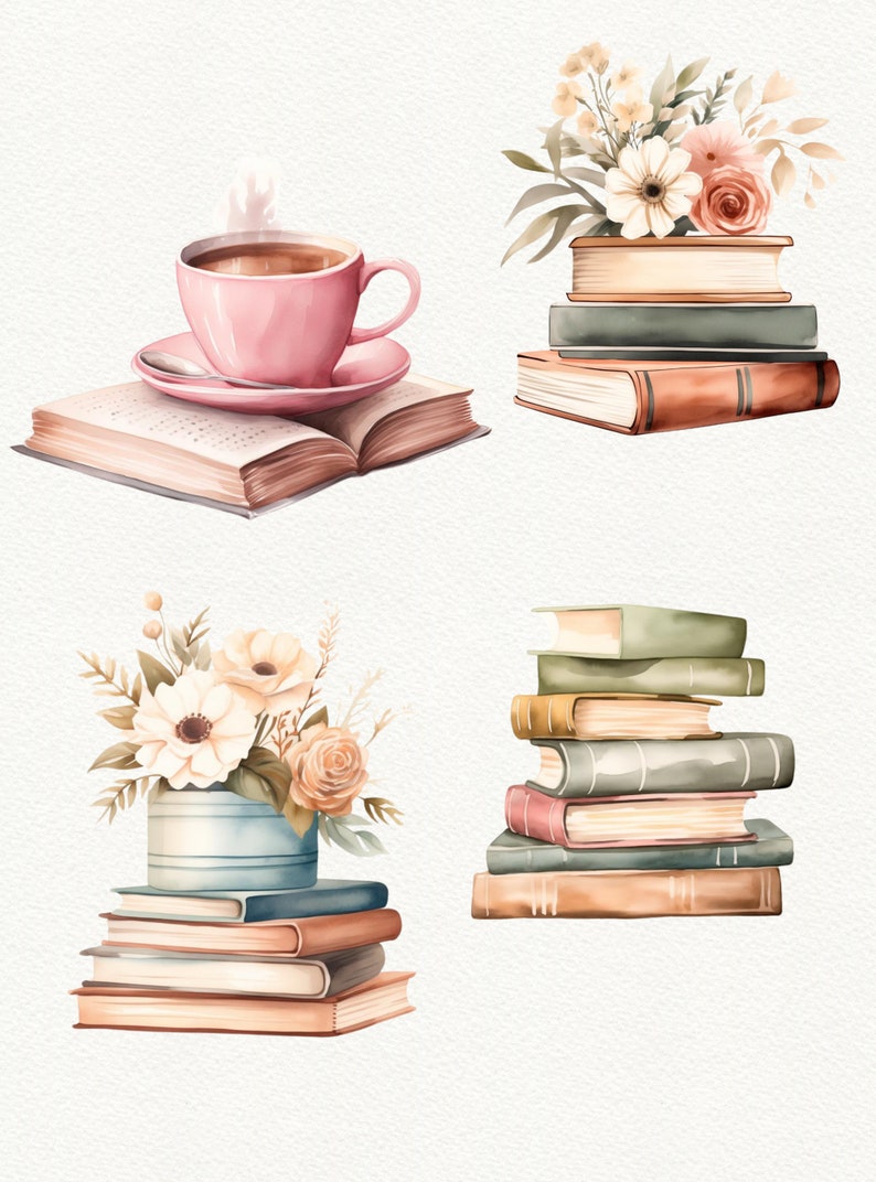 May include: A watercolor illustration of a stack of books with a pink teacup and a bouquet of flowers. The books are stacked on top of each other and have different colors and patterns. The teacup is filled with tea and has steam coming from it. The flowers are a mix of white, pink, and yellow.