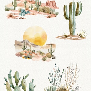 May include: Watercolour illustrations of various desert plants, including cacti, succulents, and desert shrubs. The illustrations are painted in shades of green, brown, and beige, and are set against a white background.