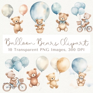 Clipart mignon ours en peluche, montgolfière ours en peluche PNG, ours aquarelle avec des ballons, Invitation ours en peluche, lot de cliparts aquarelle