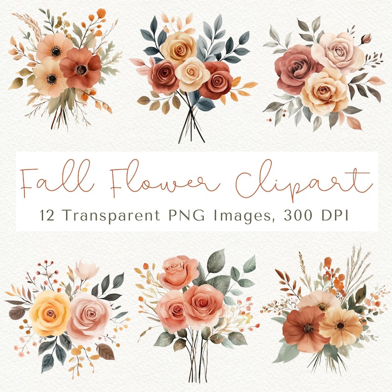 May include: Twelve watercolor illustrations of fall flower bouquets in various shades of orange, yellow, and brown. The bouquets feature roses, anemones, and other fall flowers.
