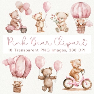 Roze teddybeer clipart, teddybeer ballon clipart, verjaardag teddybeer clipart, teddybeer png, beer luchtballon, schattige beer clipart