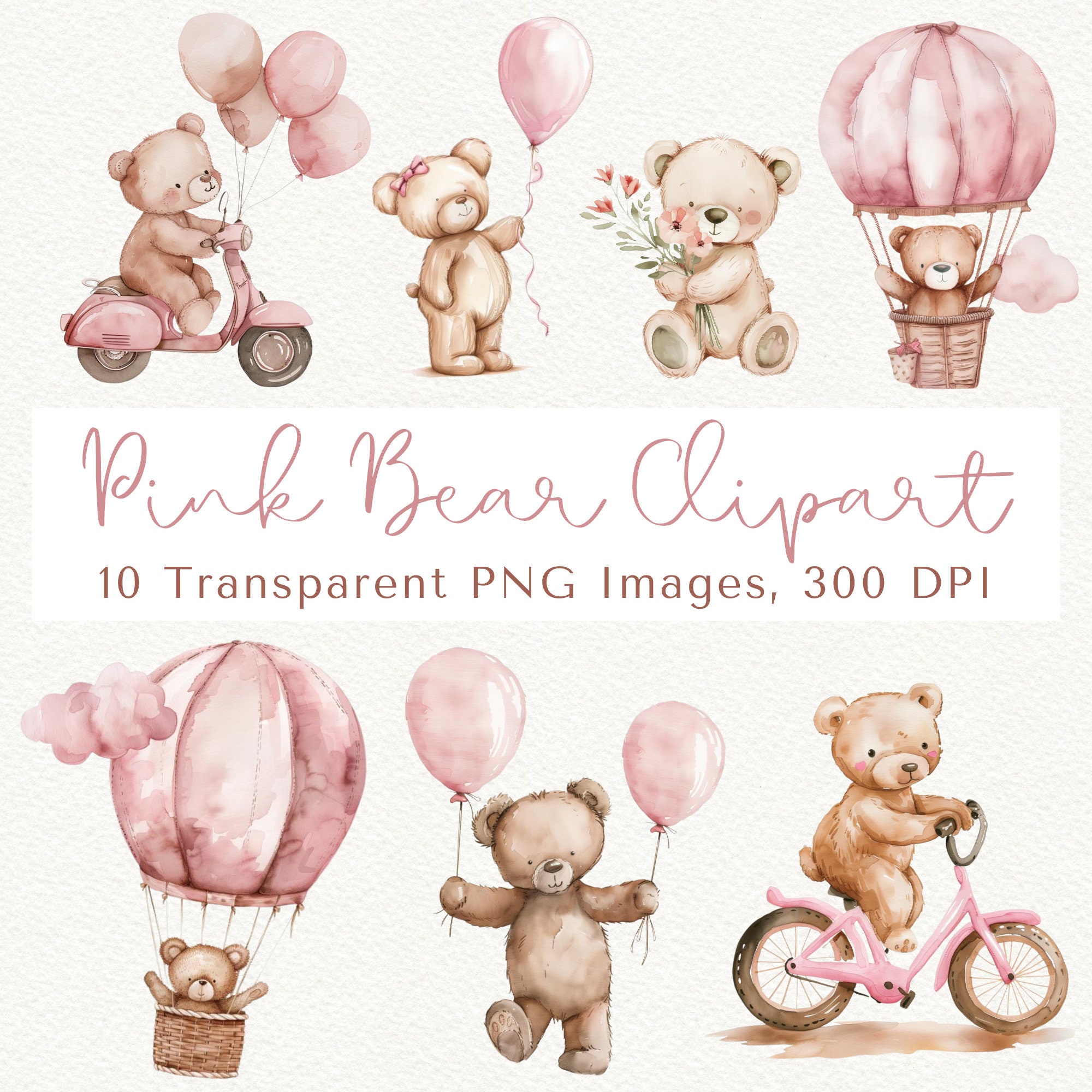 Pink Teddy Bear Watercolor Clipart: Birthday Balloons (PNG) - Etsy
