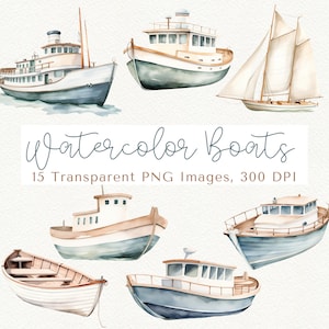 Könnte beinhalten: Ein Set mit 10 Aquarell-Illustrationen von Booten in verschiedenen Stilen und Größen. Die Boote sind in Blautönen, Braun- und Weißtönen gemalt, einige mit Details wie Fenstern, Segeln und Rudern. Die Illustrationen sind perfekt, um jedem Projekt eine maritime Note zu verleihen.