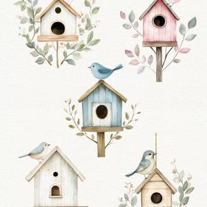 May include: Five watercolor birdhouses with birds perched on top. The birdhouses are painted in shades of blue, pink, and white. The birds are painted in shades of blue, brown, and pink. The birdhouses are surrounded by green leaves and branches.