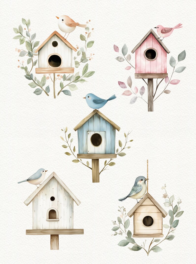 May include: Five watercolor birdhouses with birds perched on top. The birdhouses are painted in shades of blue, pink, and white. The birds are painted in shades of blue, brown, and pink. The birdhouses are surrounded by green leaves and branches.