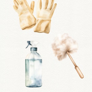 May include: A set of cleaning supplies including a spray bottle, a duster, and a pair of yellow work gloves.
