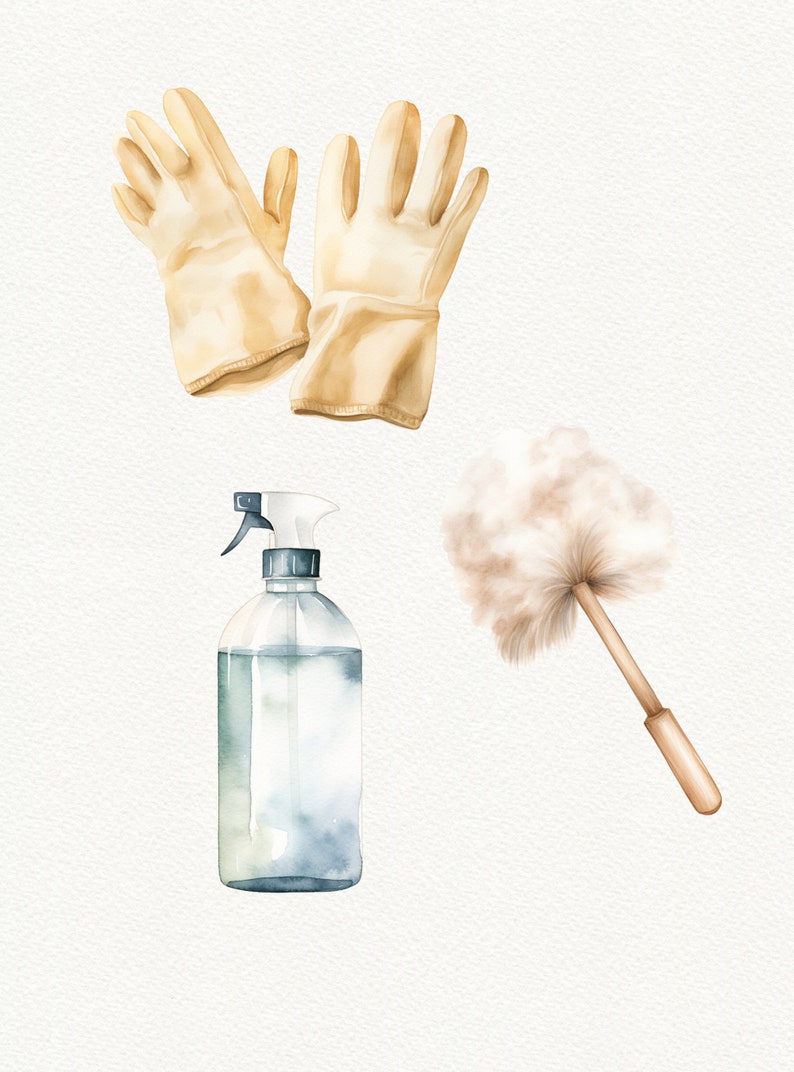 May include: A set of cleaning supplies including a spray bottle, a duster, and a pair of yellow work gloves.