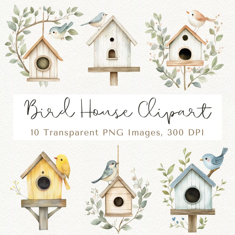May include: A set of ten watercolor illustrations of birdhouses with birds. The birdhouses are in various styles and colors, including blue, yellow, and white. The birds are also in various colors, including blue, yellow, and brown. The illustrations are perfect for crafting projects, scrapbooking, or adding a touch of whimsy to your designs.