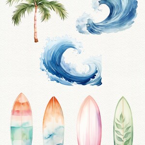 May include: Four watercolor illustrations of surfboards and ocean waves. The surfboards are painted in various colors, including pink, green, blue, and orange. The waves are painted in shades of blue and white.