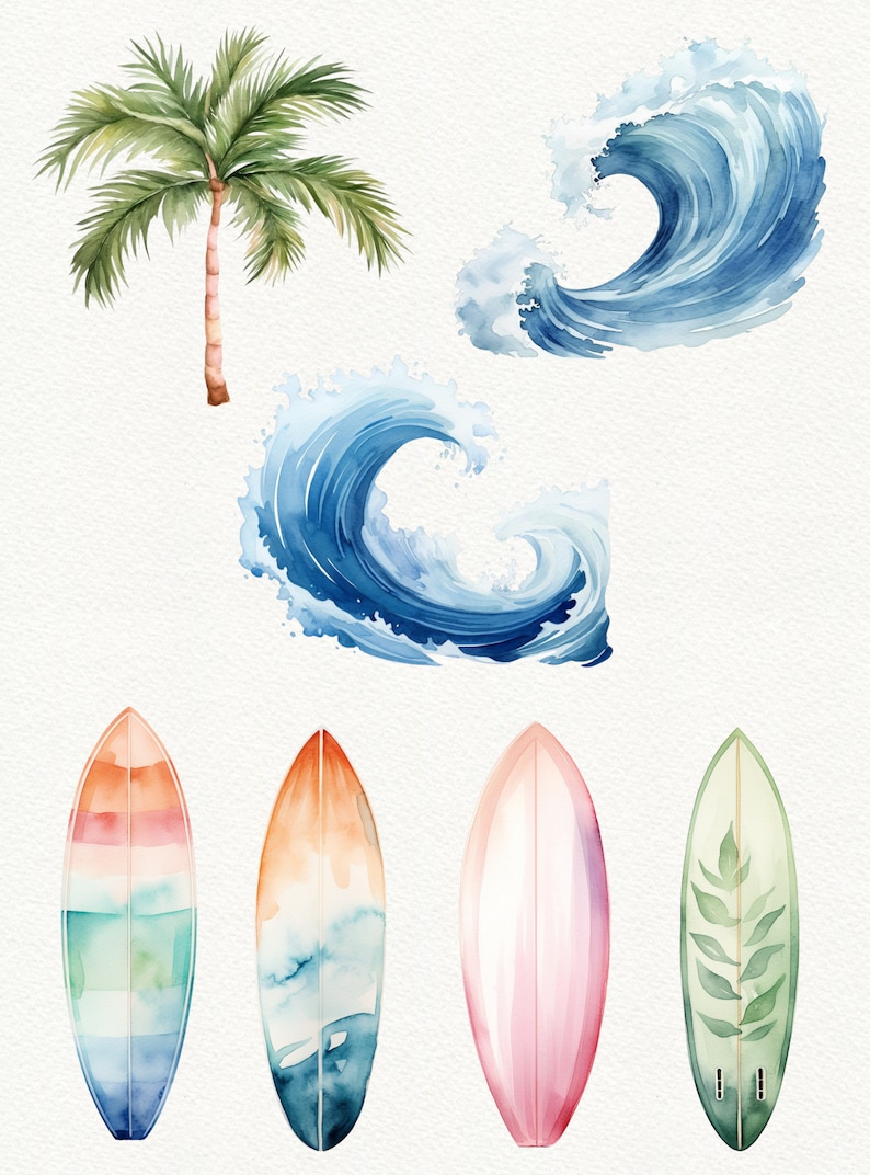 May include: Four watercolor illustrations of surfboards and ocean waves. The surfboards are painted in various colors, including pink, green, blue, and orange. The waves are painted in shades of blue and white.
