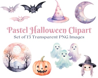 Pastel Halloween Clipart: Watercolor Ghost, Pumpkin, Witch (PNG)