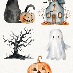 May include: A set of five watercolor illustrations featuring Halloween themes. The illustrations include a black cat, a haunted house, a bare tree, a ghost, and a jack-o'-lantern.
