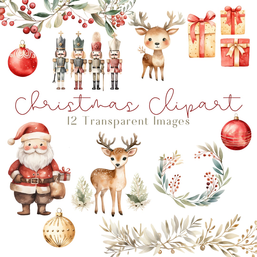 Watercolor Christmas Clipart: Santa, Reindeer, Ornaments (PNG Digital ...