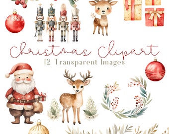 Watercolor Christmas Clipart: Santa, Reindeer, Ornaments (PNG Digital Download)
