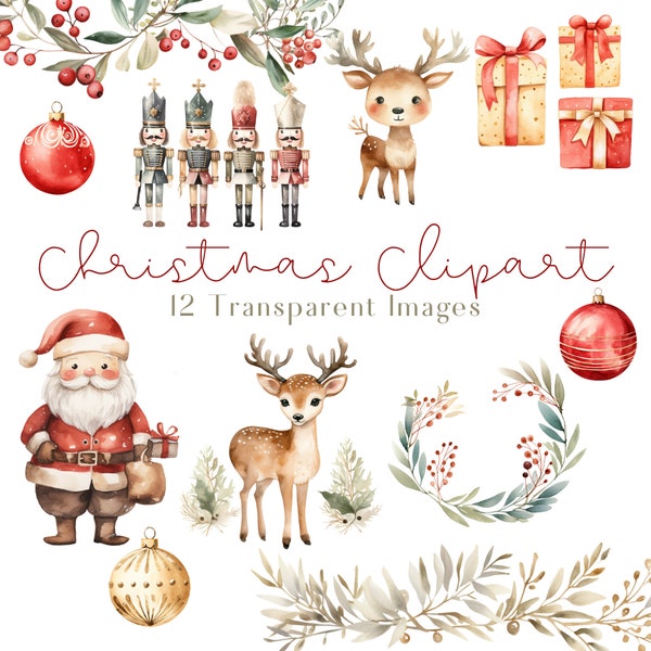 Watercolor Christmas Clipart, Santa Claus Clipart, Reindeer Clipart, Red and Gold Christmas, Christmas Graphics, Cute Christmas PNG