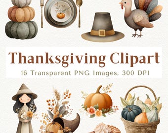 Ensemble de cliparts pour Thanksgiving, aquarelle de dinde, citrouille, corne d'abondance (Images PNG)