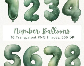 Green Birthday Number Balloons Clipart, Birthday PNG Digital Downloads