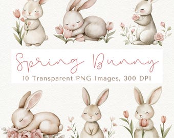 Clipart de conejito durmiendo con flores: Pascua de primavera PNG (Descarga digital)