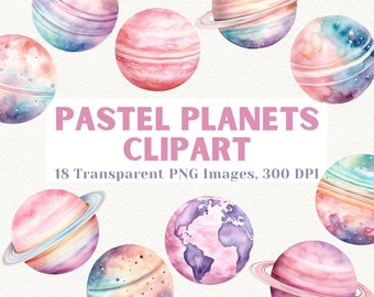 Pastel Planets Clipart: Watercolor Solar System PNG (Digital Download)